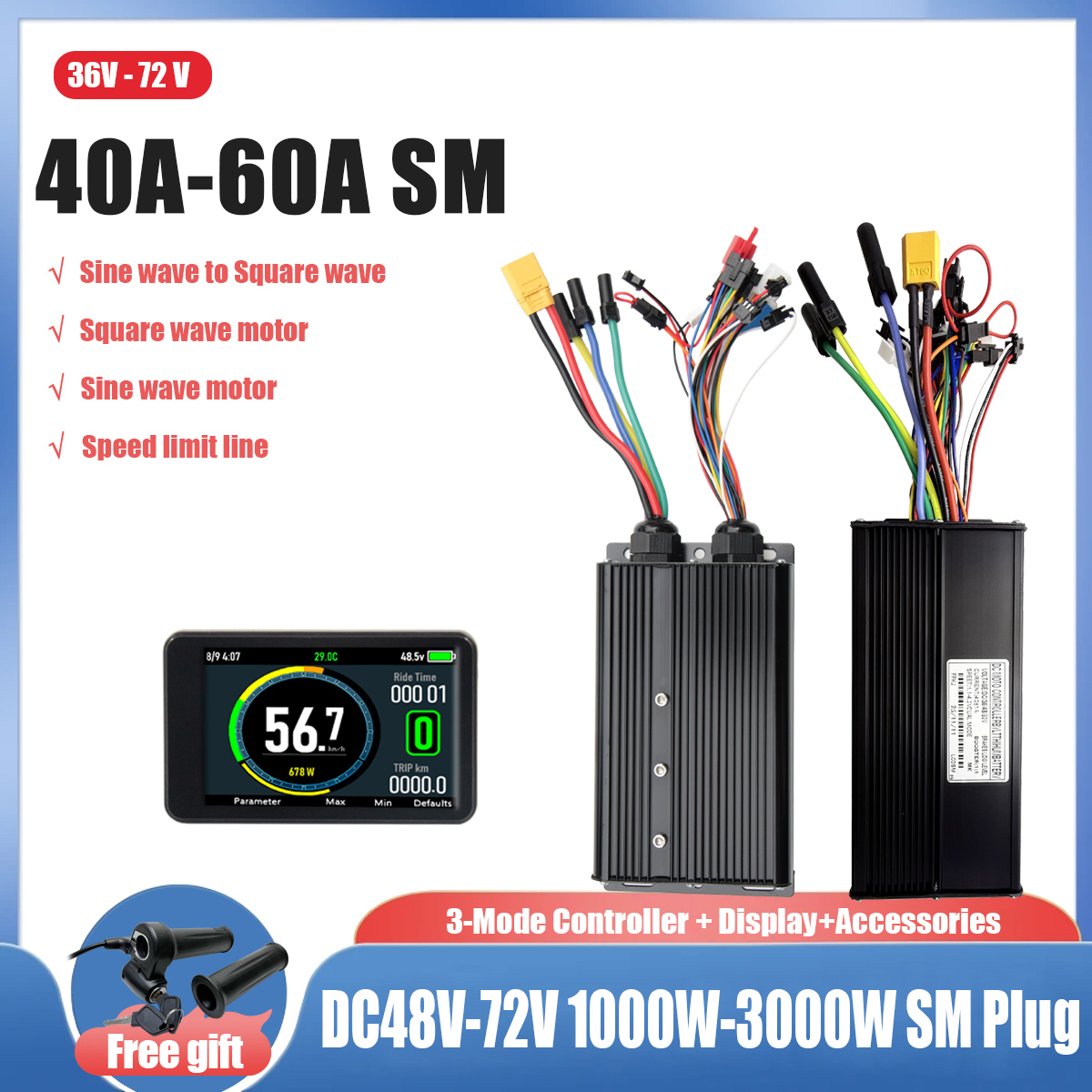 Ebike Conversion Kit 72V 3000W - 電動自転車用正弦波から方形波への変換 40A/45A/60A 36V-72V 電動自転車ツイストスロットルグリップ 81X 1000W-3000Wモーターキット用